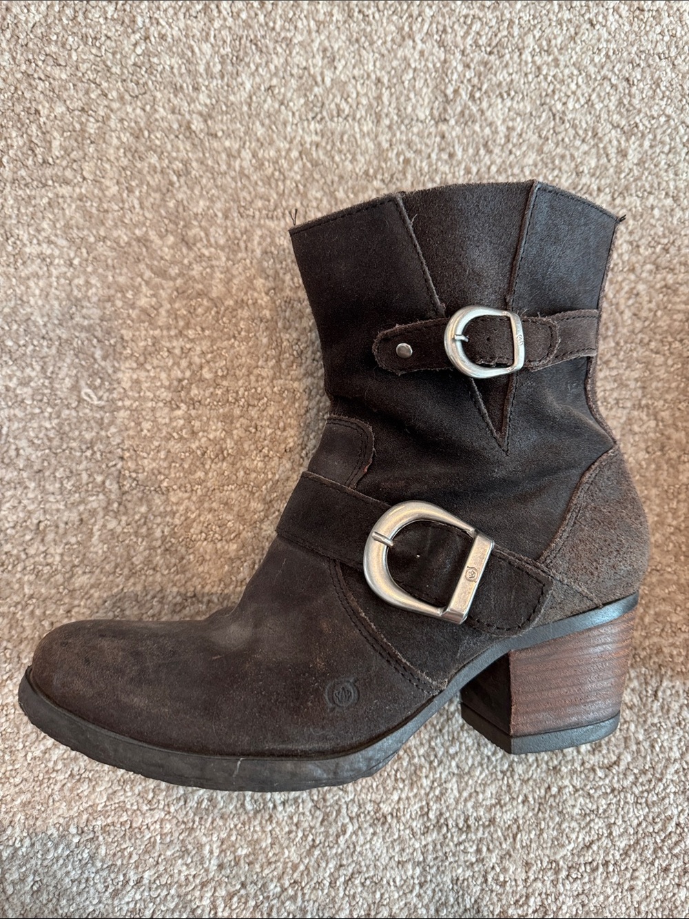 Born Dark Brown Suede Buckle Ankle Boots